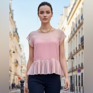 EUC American Eagle SZ M pink blouse w/sheer neckline, rear zipper. Bust 36 1/2”